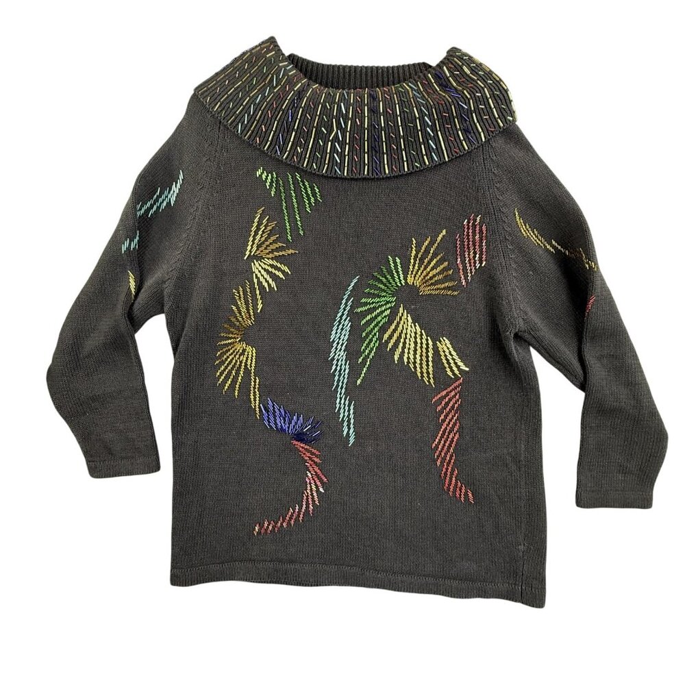 Chelsea Way Sweater Women Medium Black Embroidered Cowl Neck Pullover Tribal Art
